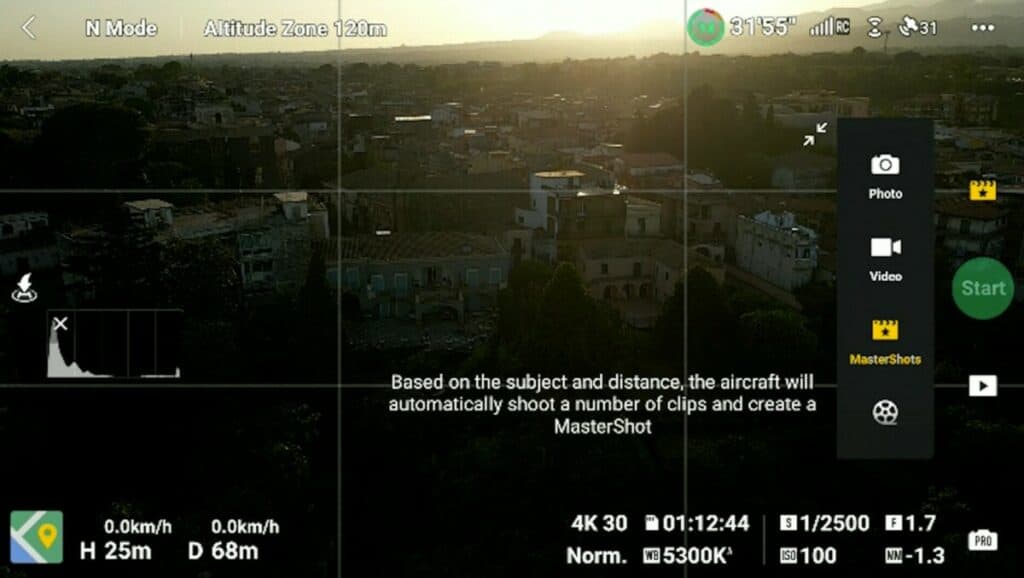 DJI Mini 3 Pro: the icon to access Mastershots in the Photo menu