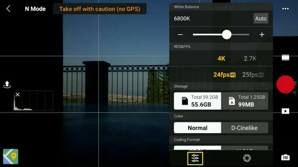 The window for White Balance, resolution, and color modes in the Mini 3 Pro