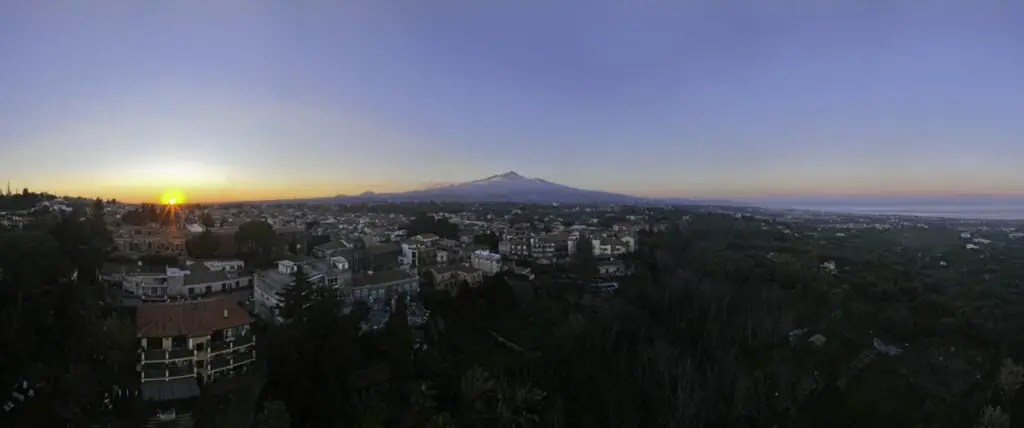 Panorama photo of Mount Etna at sunset. Photo taken with a DJI Mavic 3 by Vicvideopic