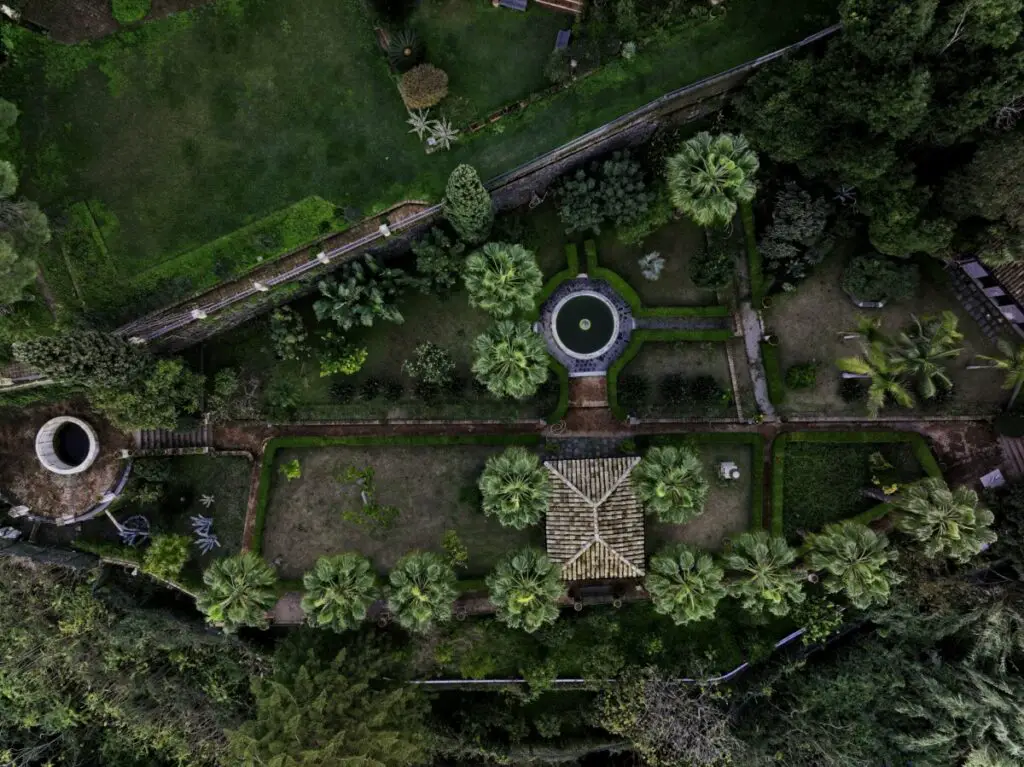 Bird's eye view of an Italian garden. Photo taken with a DJI Mavic 3 by Vicvideopic at the smallest aperture of f 11