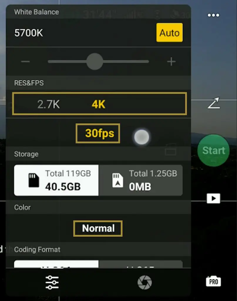 Setting the resolution, frame rate, and color mode in the Mini 3 Pro