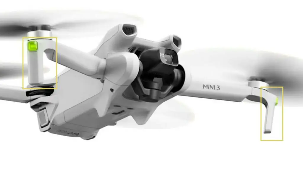 In the DJI Mini 3 the antennas are placed inside the pair of feet at the end of the wings