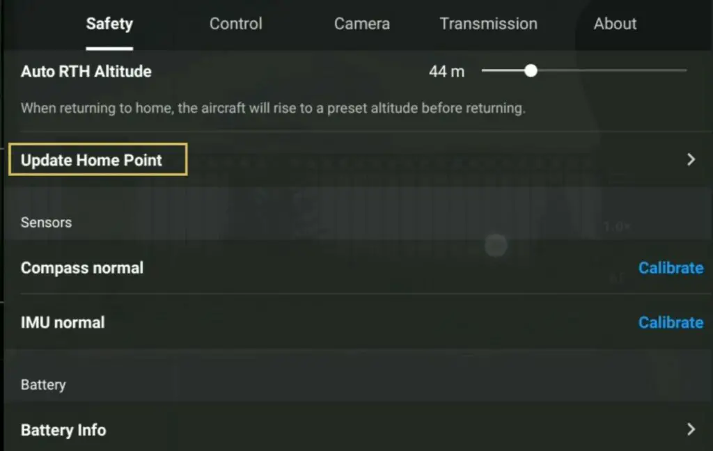 Update Home Point in the Safety tab of the Setting