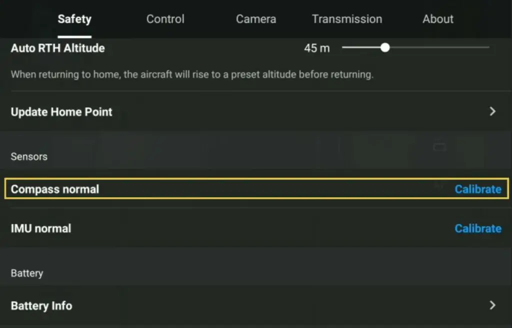 Compass calibration in the Safety tab of Settings