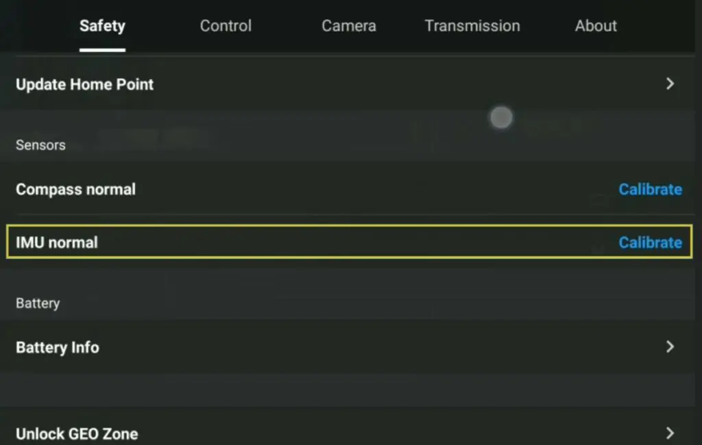 IMU calibration in the Safety tab of Settings