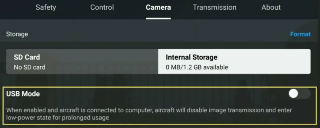 USB mode is available in the Camera tab of Settings