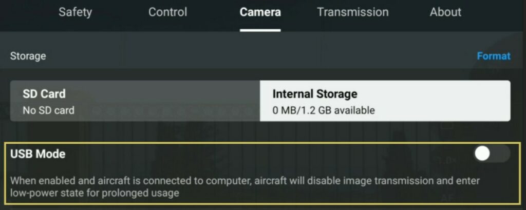 USB mode is available in the Camera tab of Settings