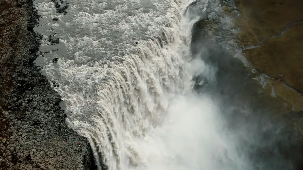Aerial close-up view of a waterfall in Iceland shot with a drone