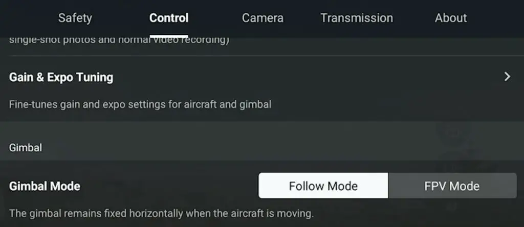 FPV mode in the Control tab of the Settings of the Mini 3 Pro