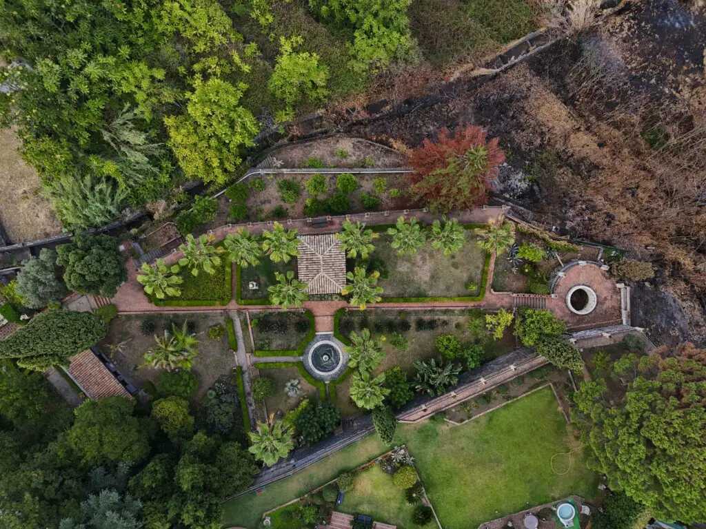 DJI Air 3, top-down view of a garden, wide angle lens