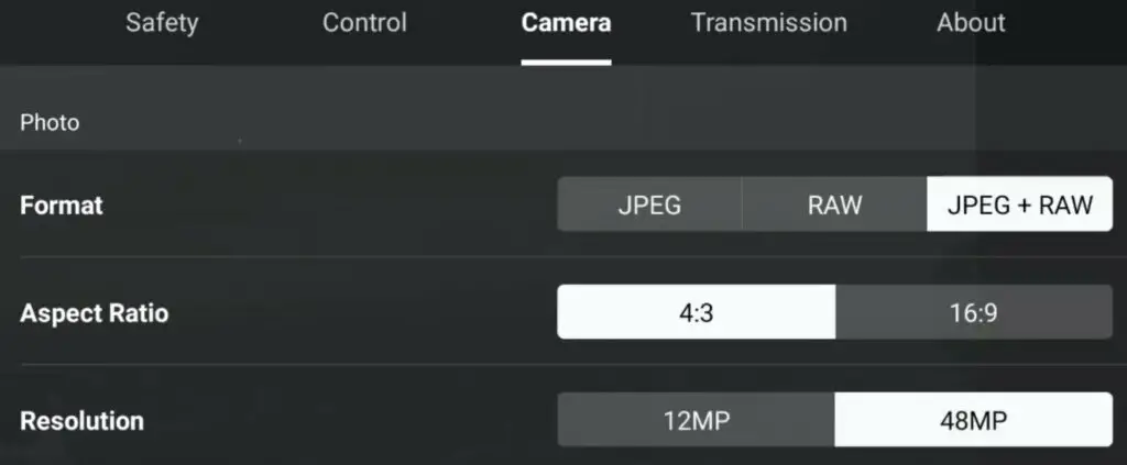 The 48 MP mode in the Air 3 can be accessed in the Camera tab of Settings