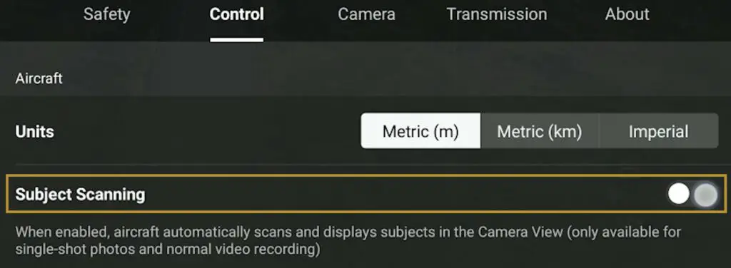 The option Subject Scanning in the Control tab of DJI Fly