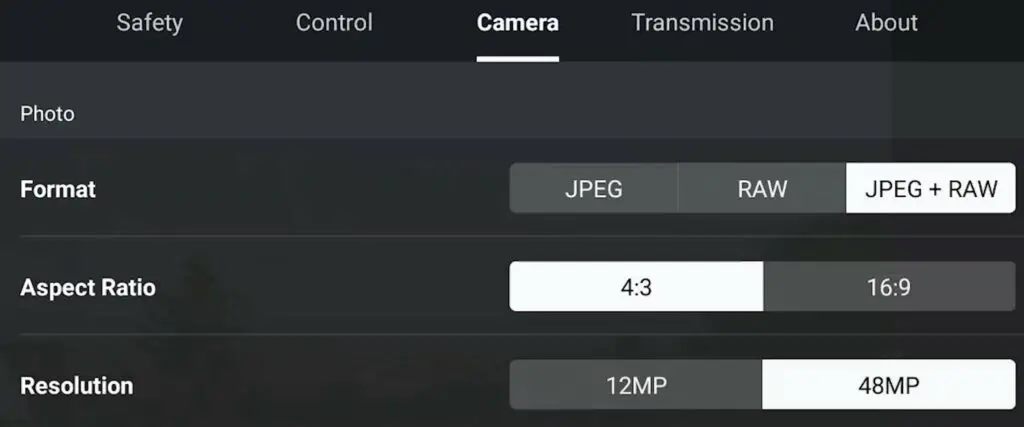 DJI Mini 4 Pro: 48 MP mode in the Camera tab of Settings
