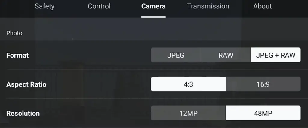 DJI Mini 4 Pro: Camera tab for Format, Aspect Ratio and Resolution