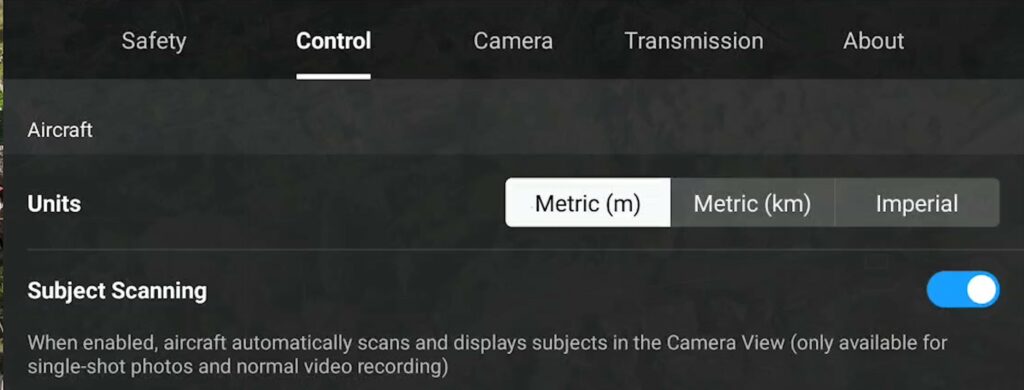 Mini 4 Pro: Subject Scanning in the Control tab of Settings