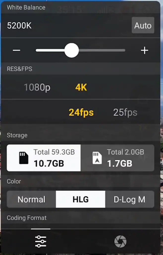 DJI Mini 4 Pro: window for White Balance, Resolution and Color Profiles